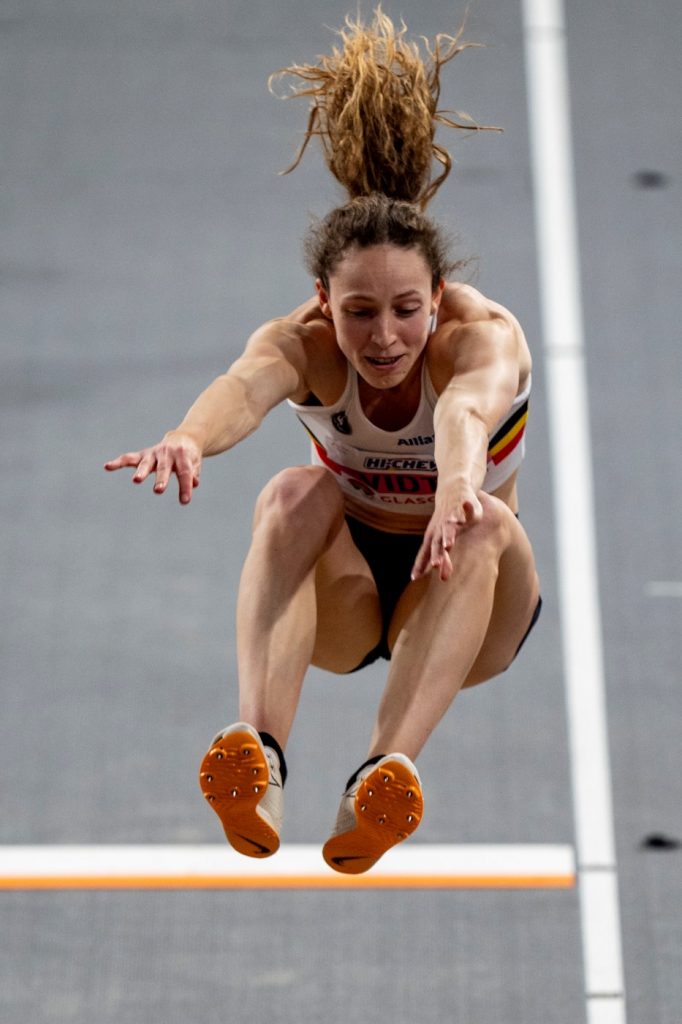 Noor Vidts in the long jump during the pentathlon at the  World Indoors Glasgow