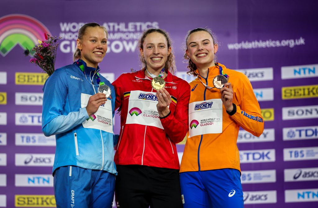Noor Vidts, Saga Vanninen and Sofie Dokter on the podium after the pentathlon at World Indoors Glasgow