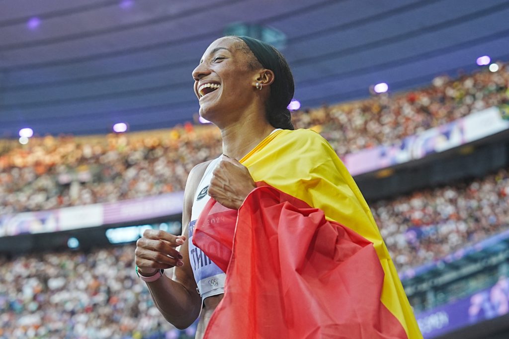 Nafi Thiam celebrating her third Olympic victory in Paris