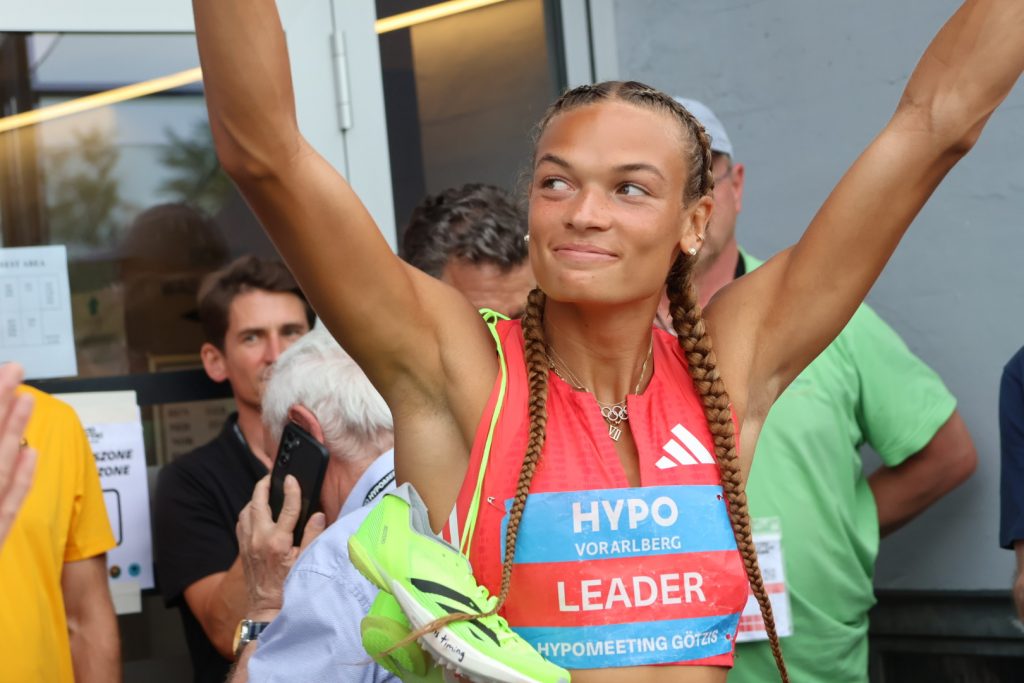 Anna Hall celebrating heptathlon victory in Goetzis