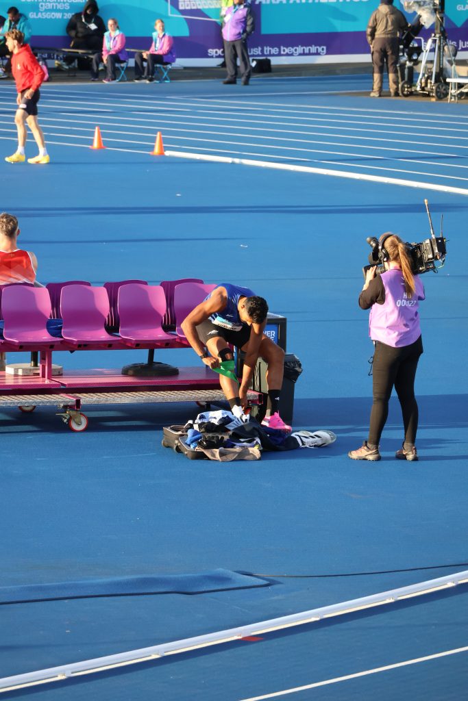 Tejaswin Shankar tending to an injury in the Commonwealth Games decathlon